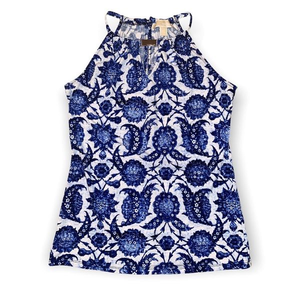 MICHAEL KORS Blue Floral Keyhole Jersey Halter Top - Picture 1 of 8